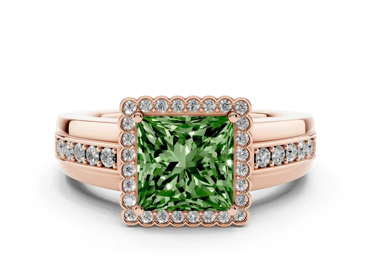 Fancy Green Princess Cut Cut Halo Pave Band Four-Prong Ring Rose gold