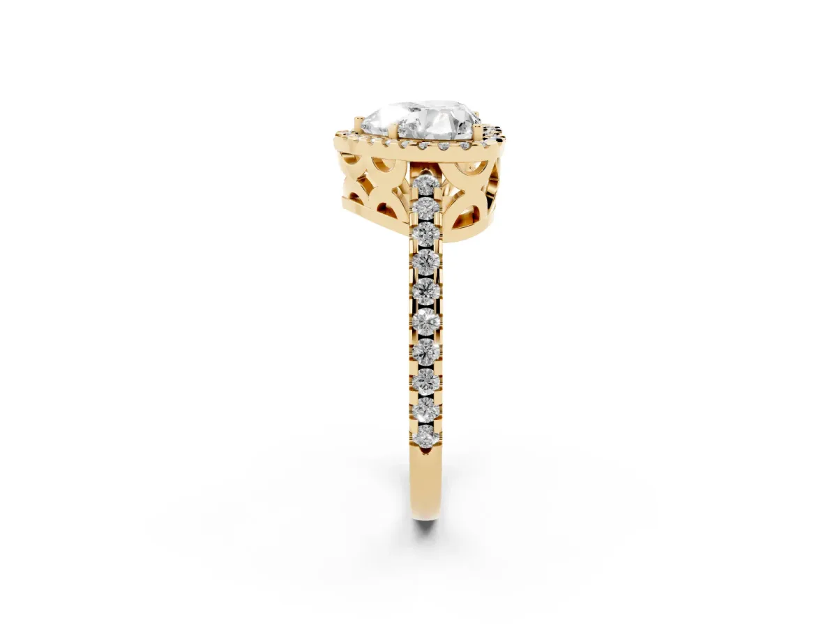 Heart Cut Diamond Halo Engagement Ring with Pavé Band and Prong Setting Yellow gold