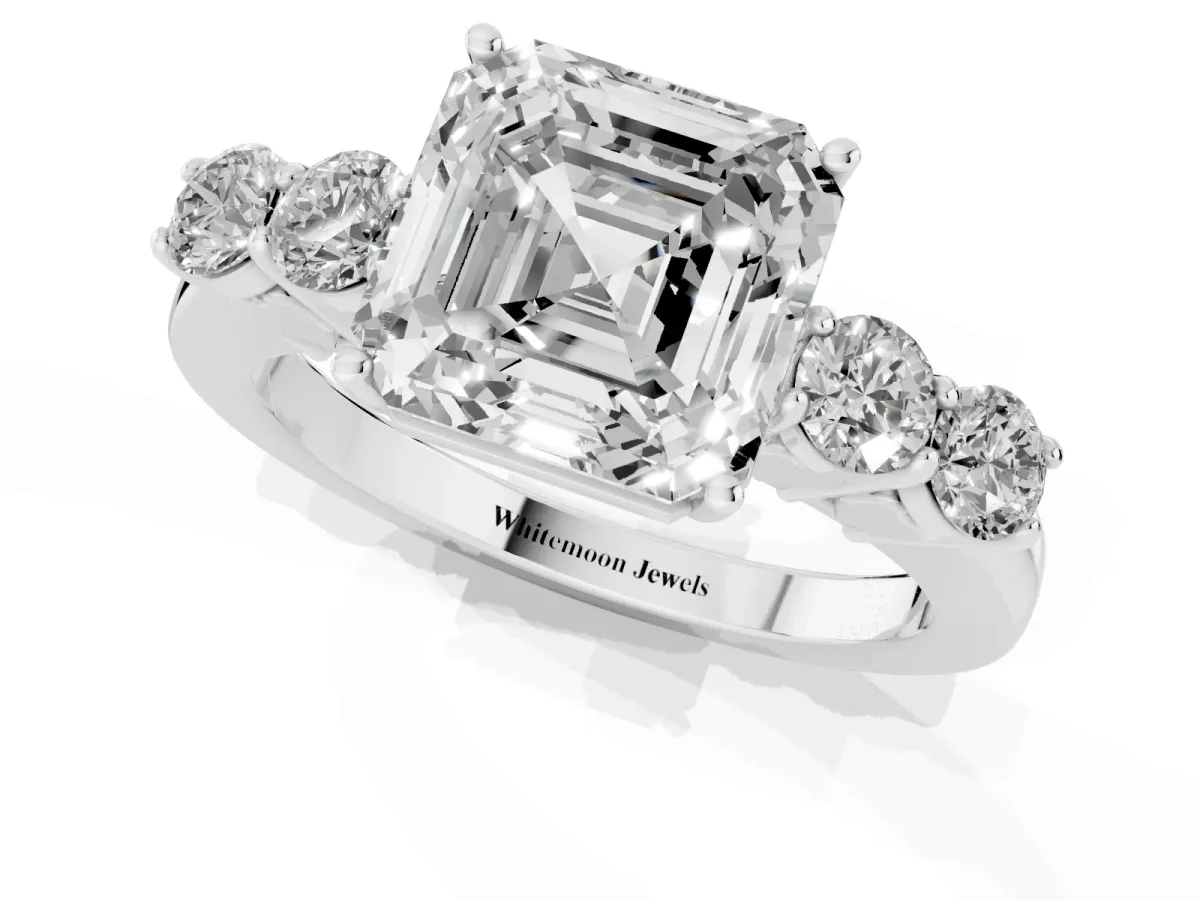 Asscher Cut Cut Diamond Five-Stone Prong Set White Gold Ring Platinum