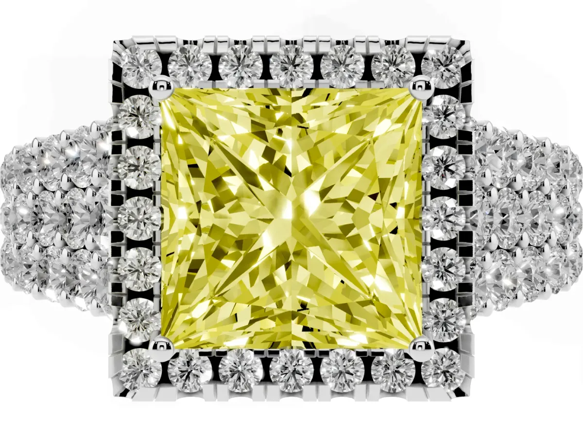 Fancy Yellow Princess Cut Diamond Halo Engagement Ring with Triple Row Round Pavé Band and Prong Setting Platinum