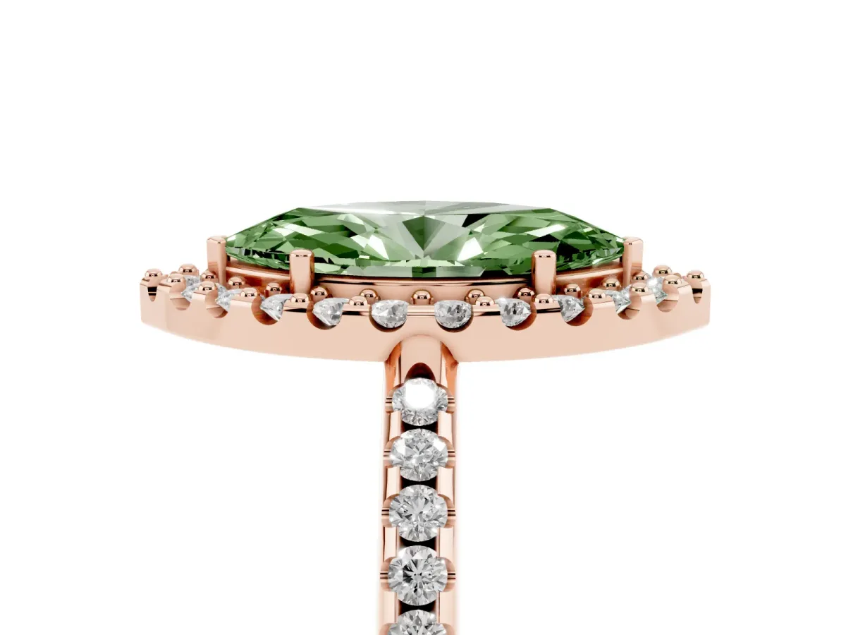 Fancy Green Marquise Cut Diamond Pavé Halo Ring with Four-Prong Setting Rose gold