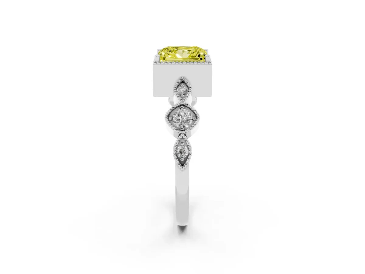 Fancy Yellow Princess Cut Diamond Vintage Milgrain Ring with Round Stations Silver