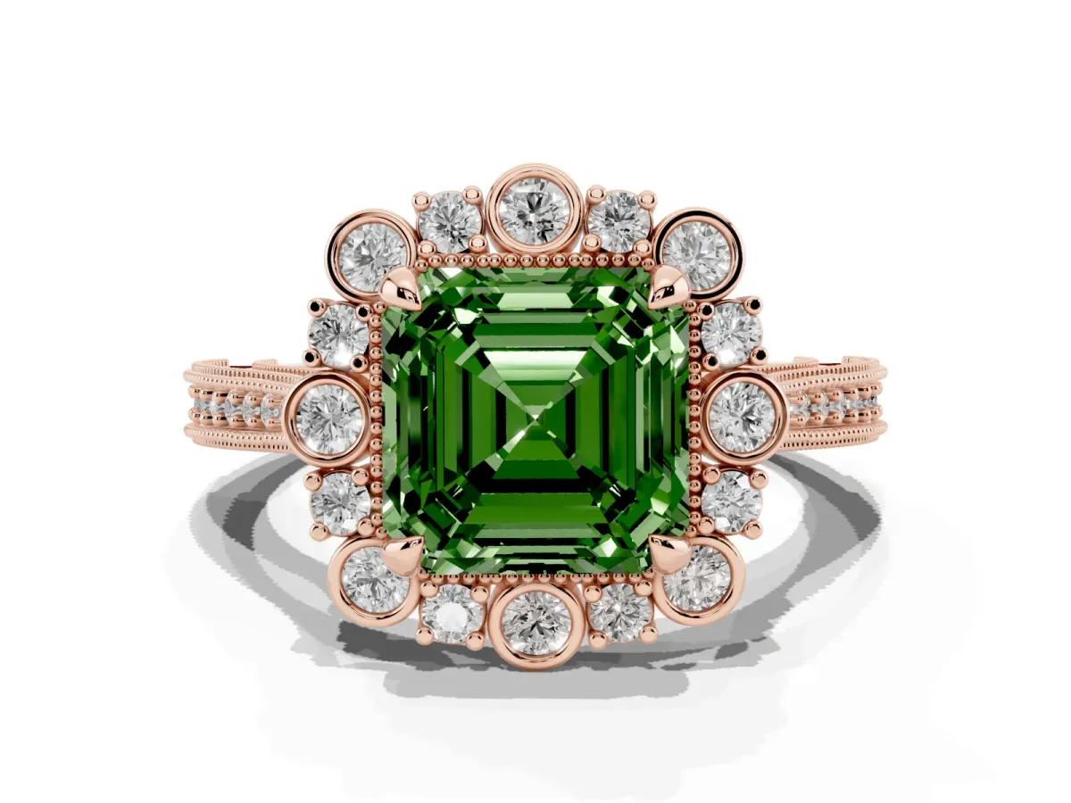 Fancy Green Asscher Cut Halo Milgrain Pave Diamond Ring with Four-Prong Setting Rose gold