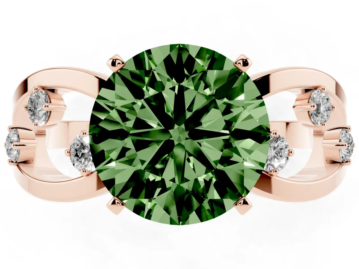 Fancy Green Round Cut Cut Solitaire Diamond with Side Stones on Criss-Cross Band and Four-Prong Setting Rose gold