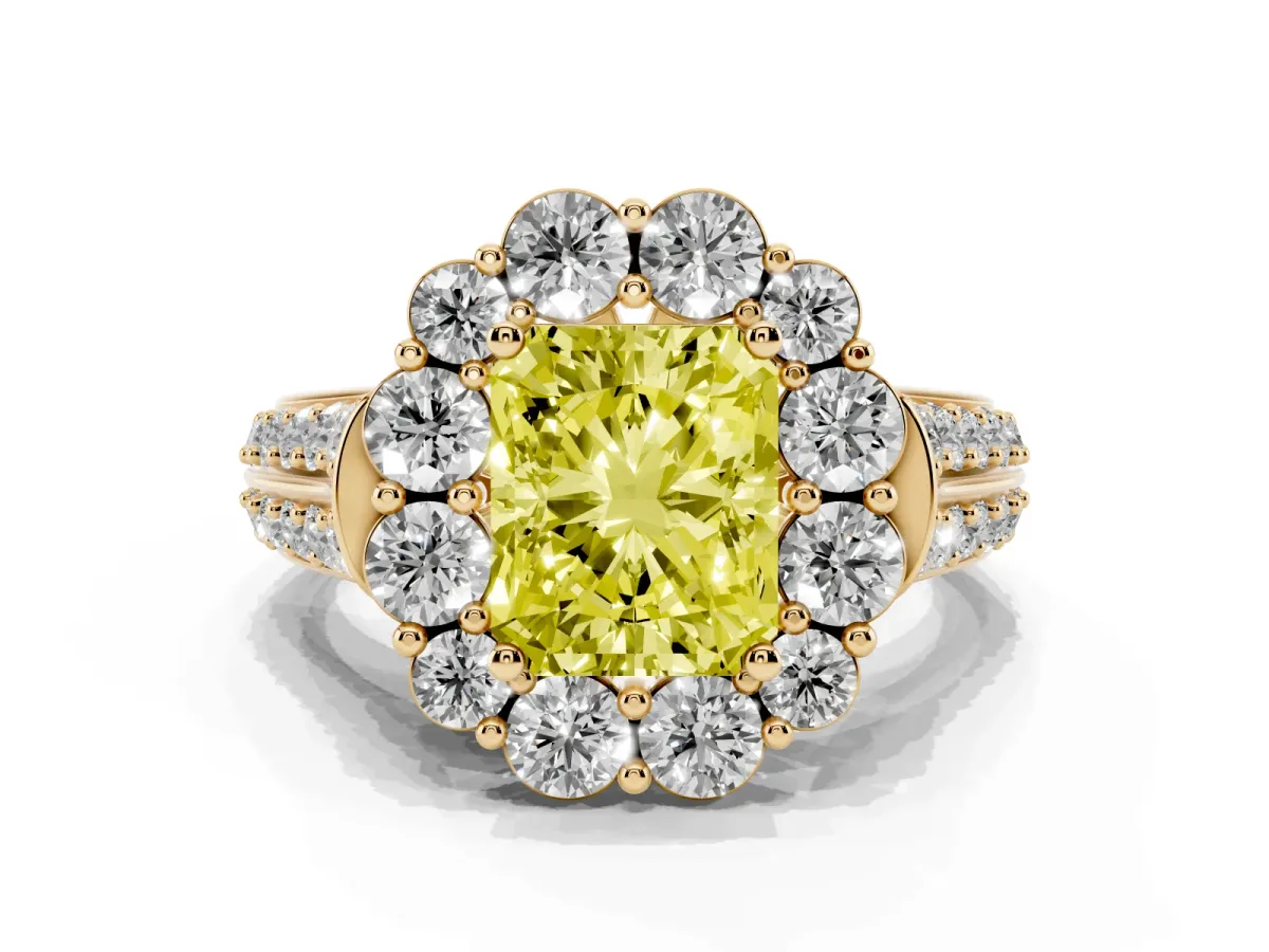 Fancy Yellow Radiant Cut Halo Diamond Engagement Ring with Split Shank and Prong Setting Yellow gold