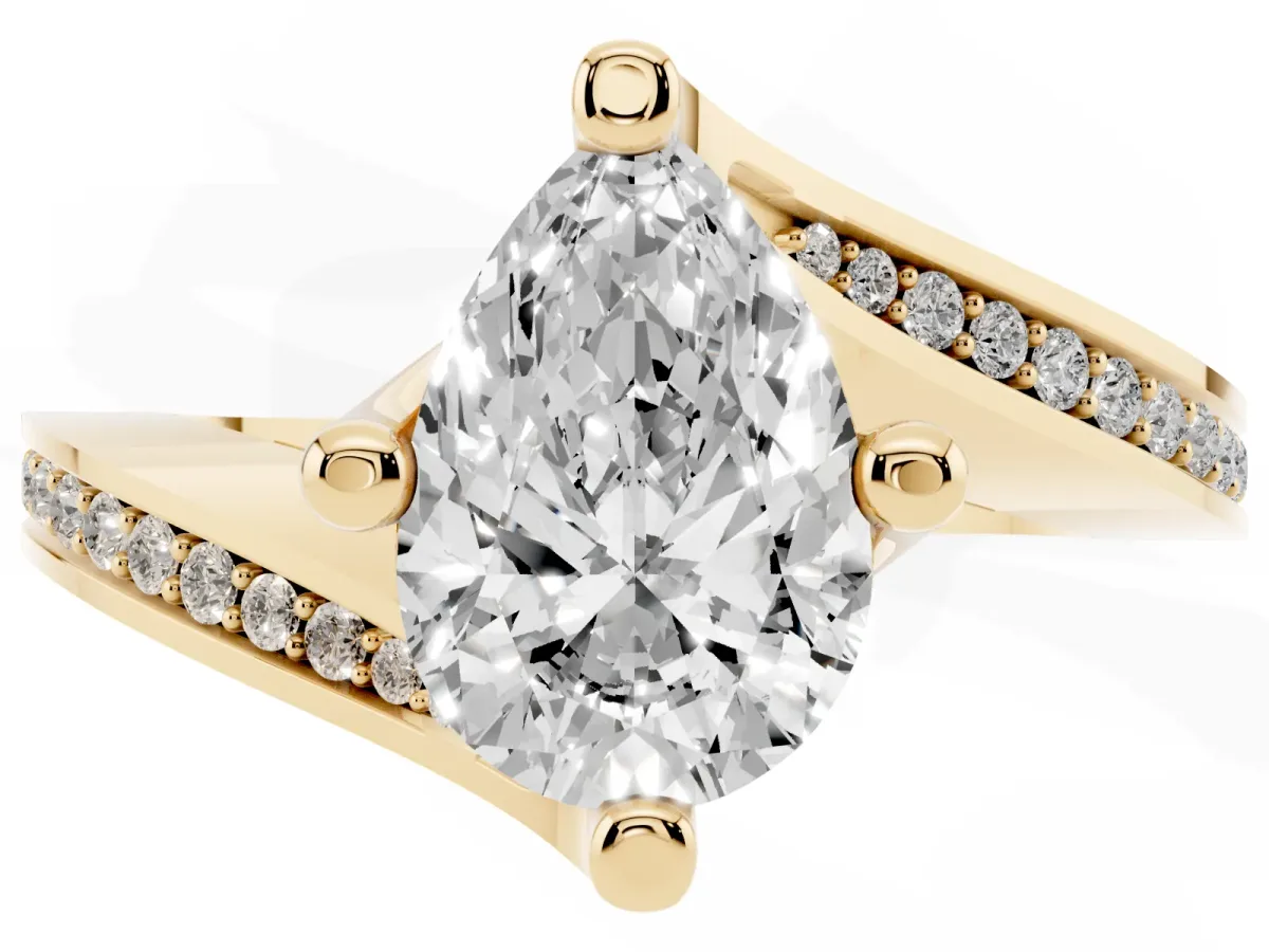 Pear Cut Solitaire Diamond Twist Band with Pavé Setting and Four-Prong Setting Yellow gold