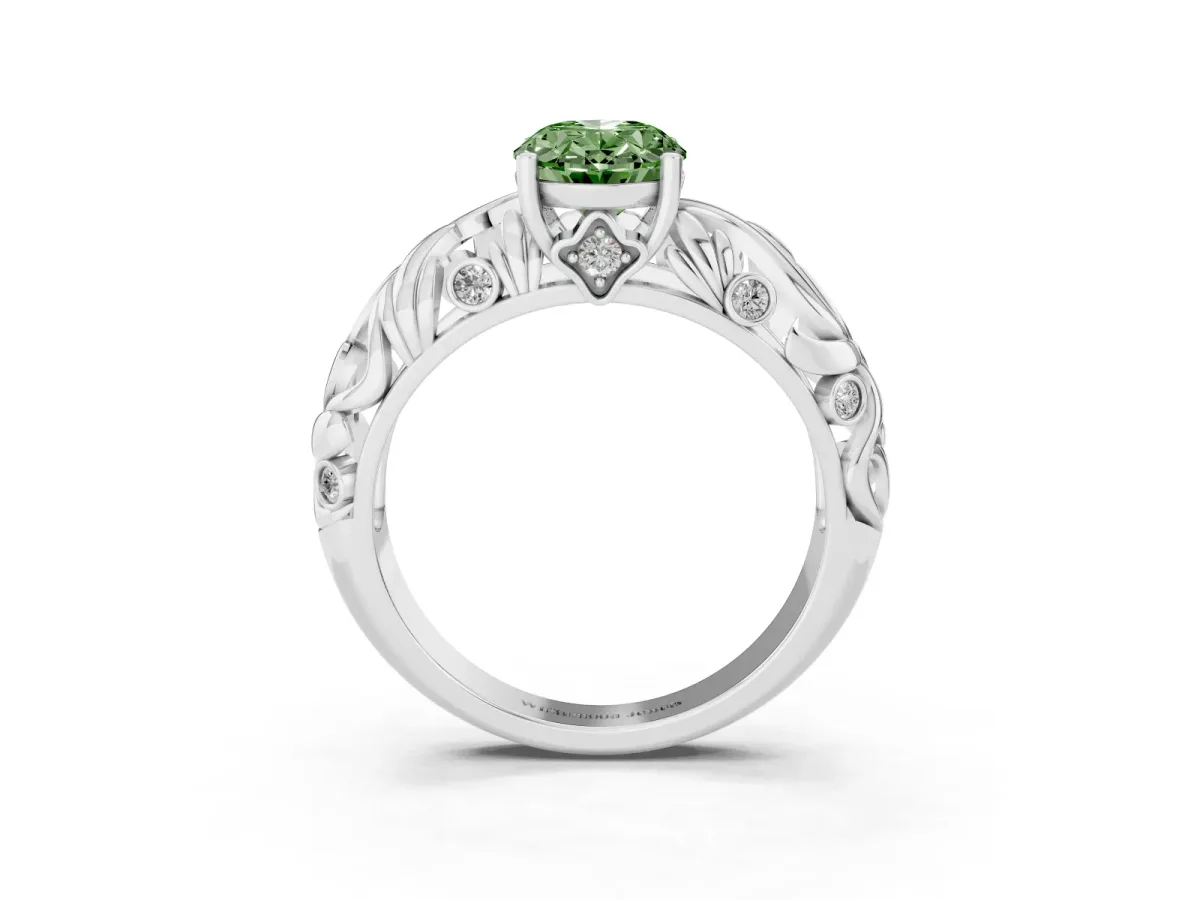 Fancy Green Oval Cut Solitaire Diamond Leaf-Inspired Vine Band Ring with Prong Setting Platinum