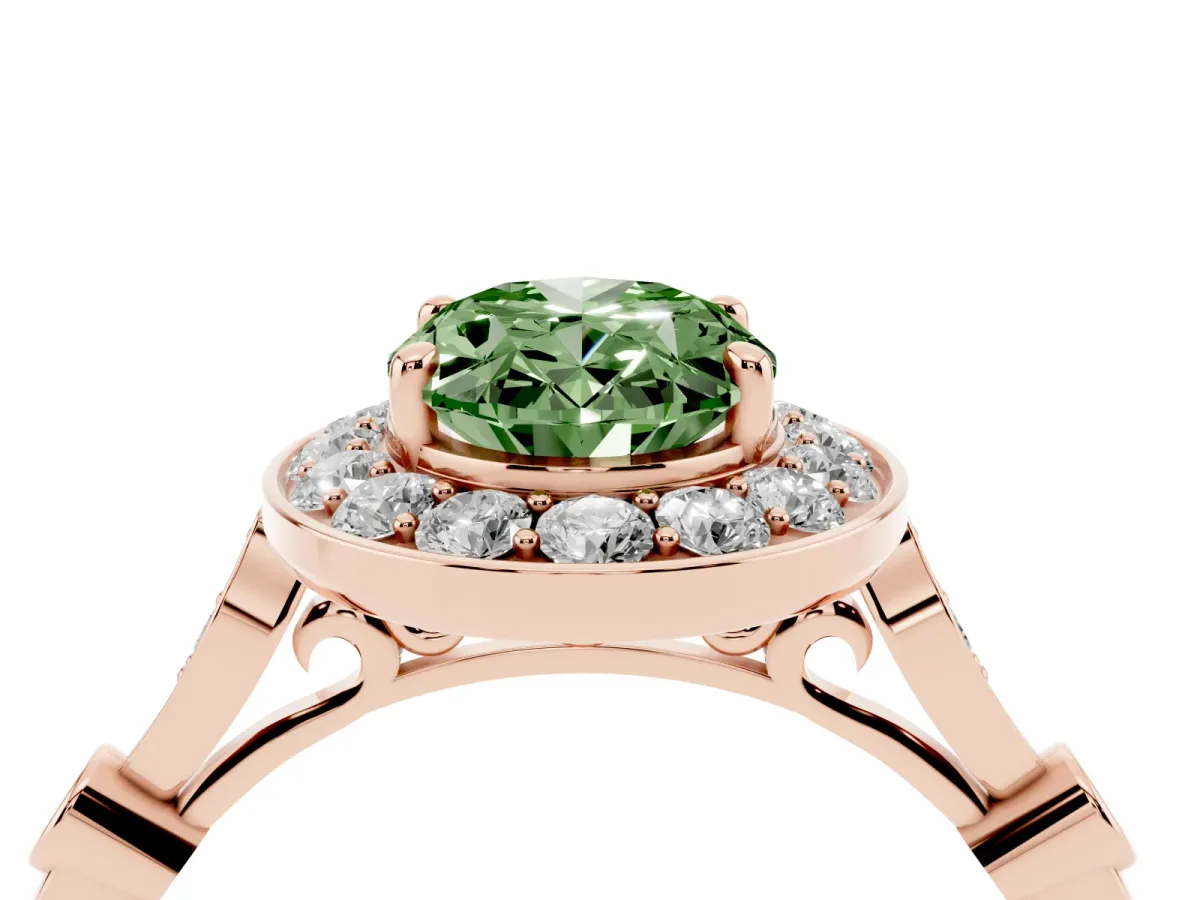 Fancy Green Oval Cut Halo Diamond Engagement Ring with Twisted Band and Four-Prong Setting Rose gold