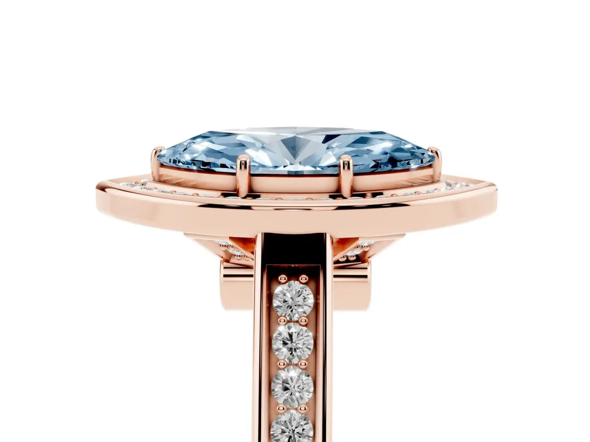 Fancy Blue Marquise Cut Halo Solitaire Diamond Ring with Pave Band and Bezel Setting Rose gold