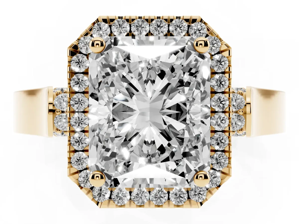 Radiant Cut Halo Round Diamond Twist Band with Four-Prong Setting Yellow gold