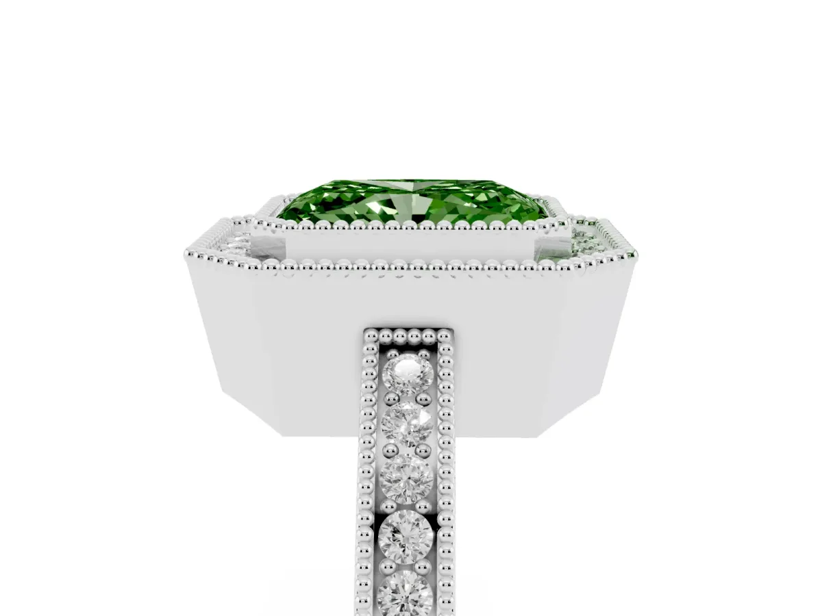 Fancy Green Radiant Cut Cut Halo Diamond Ring with Pavé Band and Milgrain Prong Setting Platinum