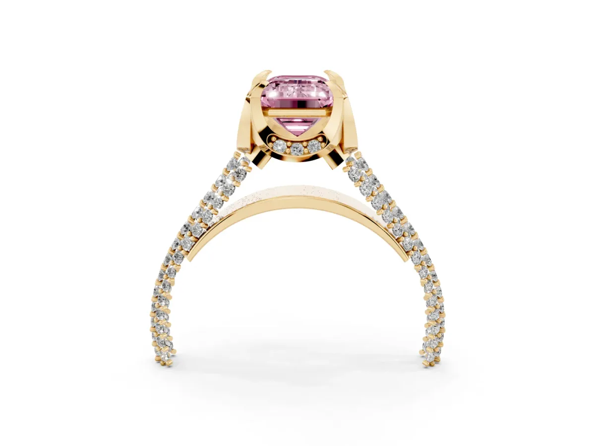 Fancy Pink Emerald Cut Solitaire Pave Split Shank Ring with Four-Prong Setting Yellow gold
