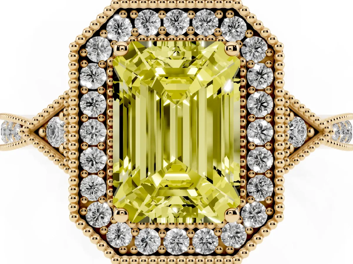 Fancy Yellow Emerald Cut Halo Round Diamond Milgrain Pave Engagement Ring Yellow gold