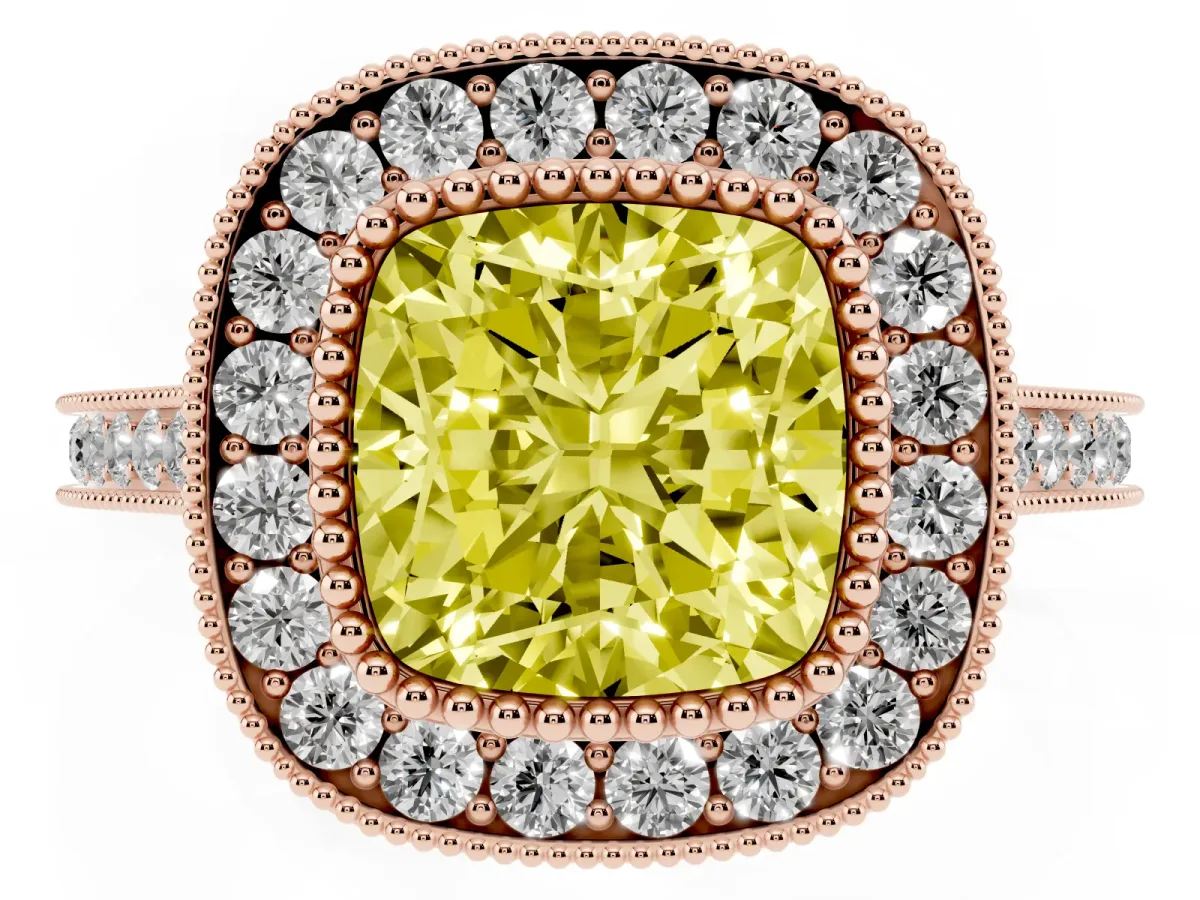 Fancy Yellow Cushion Cut Diamond Halo Ring with Milgrain Frame and Pavé Band Rose gold