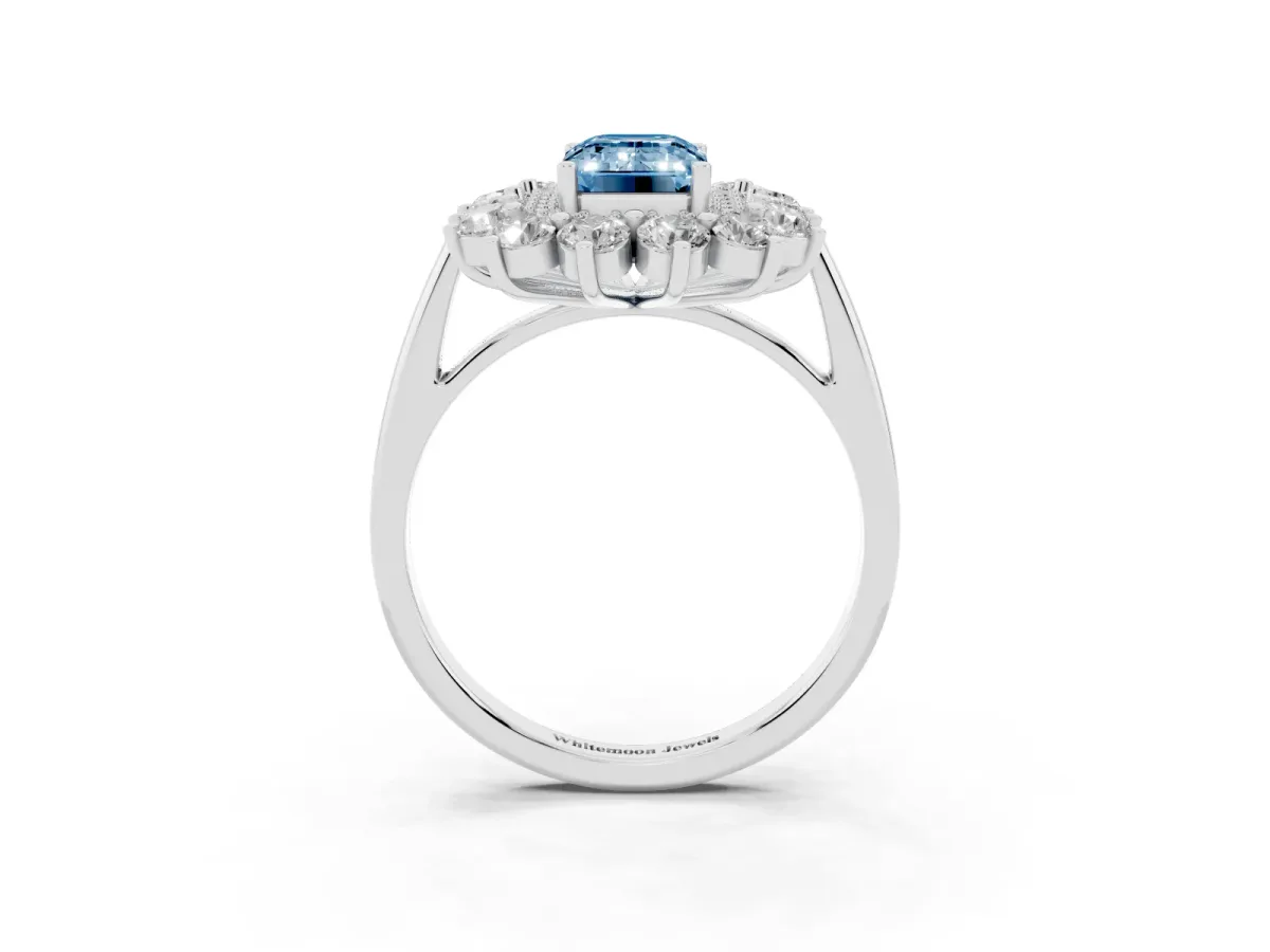 Fancy Blue Emerald Cut Diamond Floral Double Halo Engagement Ring with Prong Setting Silver