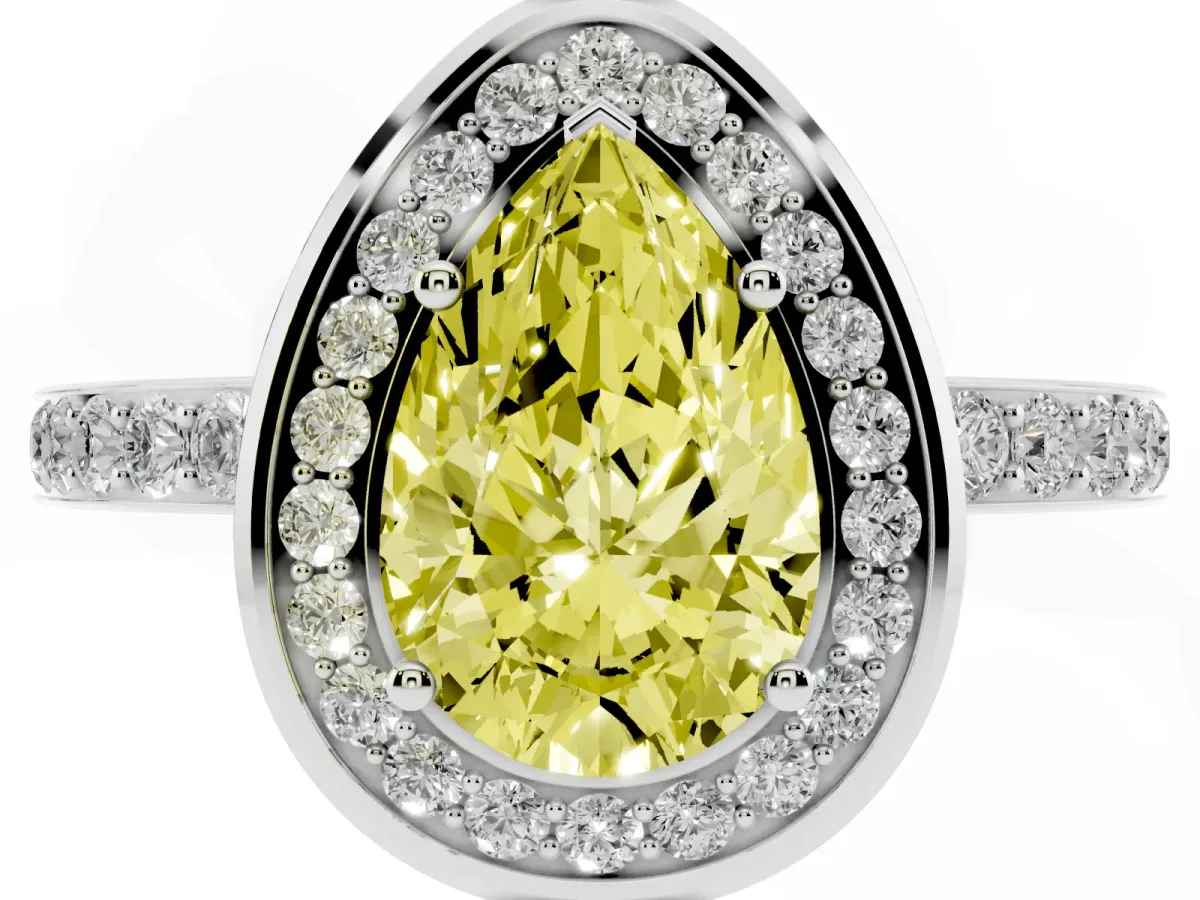 Fancy Yellow Pear Cut Diamond Halo Ring with Bezel Frame and Pavé Band Silver