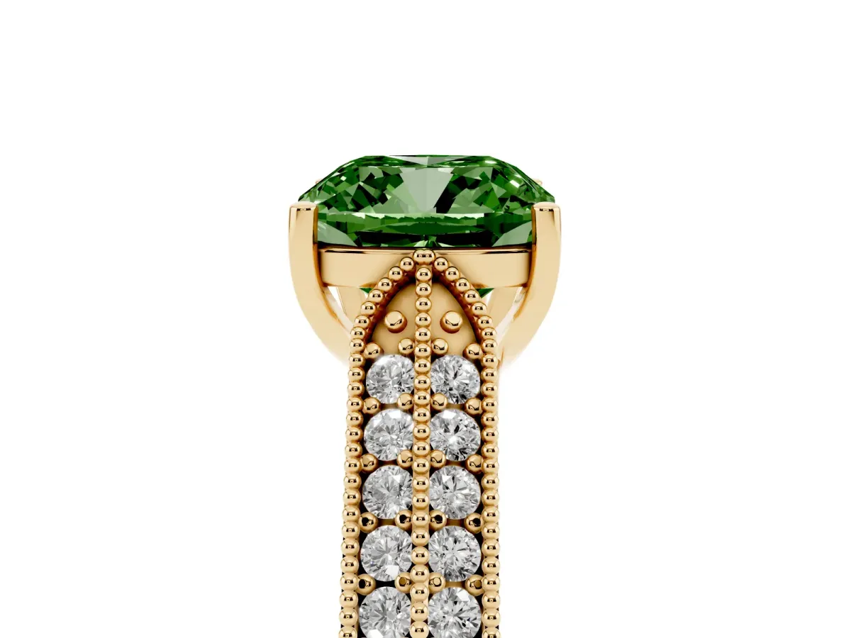 Fancy Green Cushion Cut Cut Pave Split Shank Engagement Ring with Four-Prong Setting Yellow gold