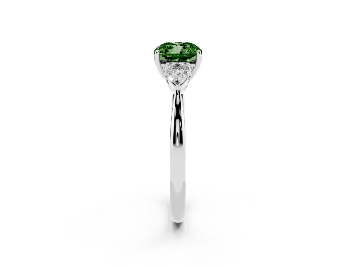 Fancy Green Three-Stone Cushion Cut Diamond Ring with Pear Side Stones in Four-Prong Setting Silver