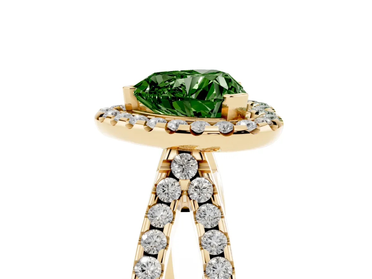 Fancy Green Heart Cut Diamond Halo Ring with Split Shank Pavé Band and Prong Setting Yellow gold
