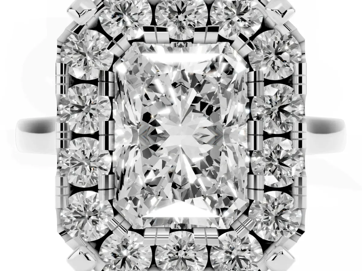 Radiant Cut Diamond Cluster Halo Solitaire with Four-Prong Setting Platinum