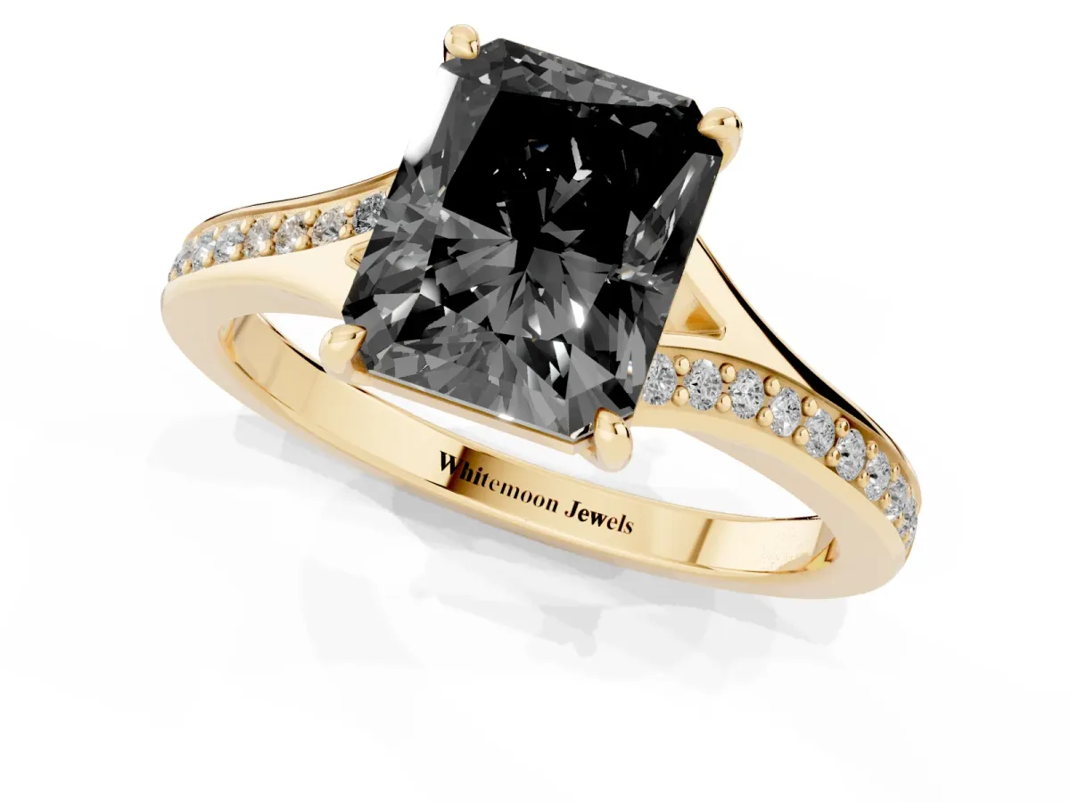 Fancy Black Radiant Cut Diamond Solitaire Ring with Pavé Band and Prong Setting Yellow gold