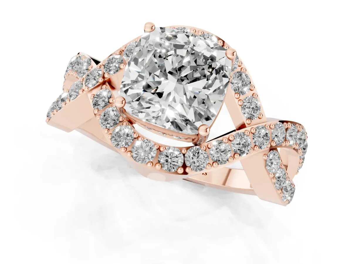 Cushion Cut Solitaire Twist Band Pavé Diamond Engagement Ring Rose gold