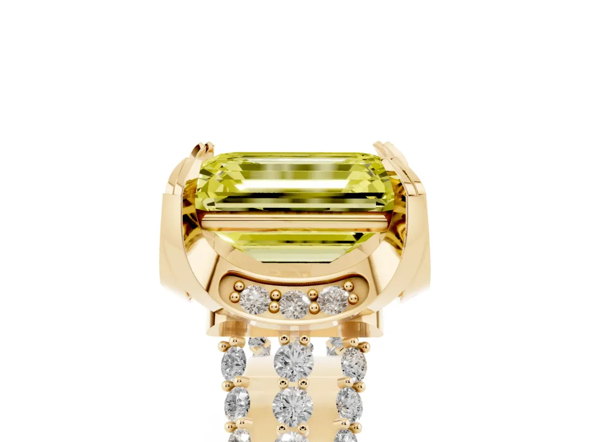 Fancy Yellow Emerald Cut Solitaire Pave Split Shank Ring with Four-Prong Setting Yellow gold