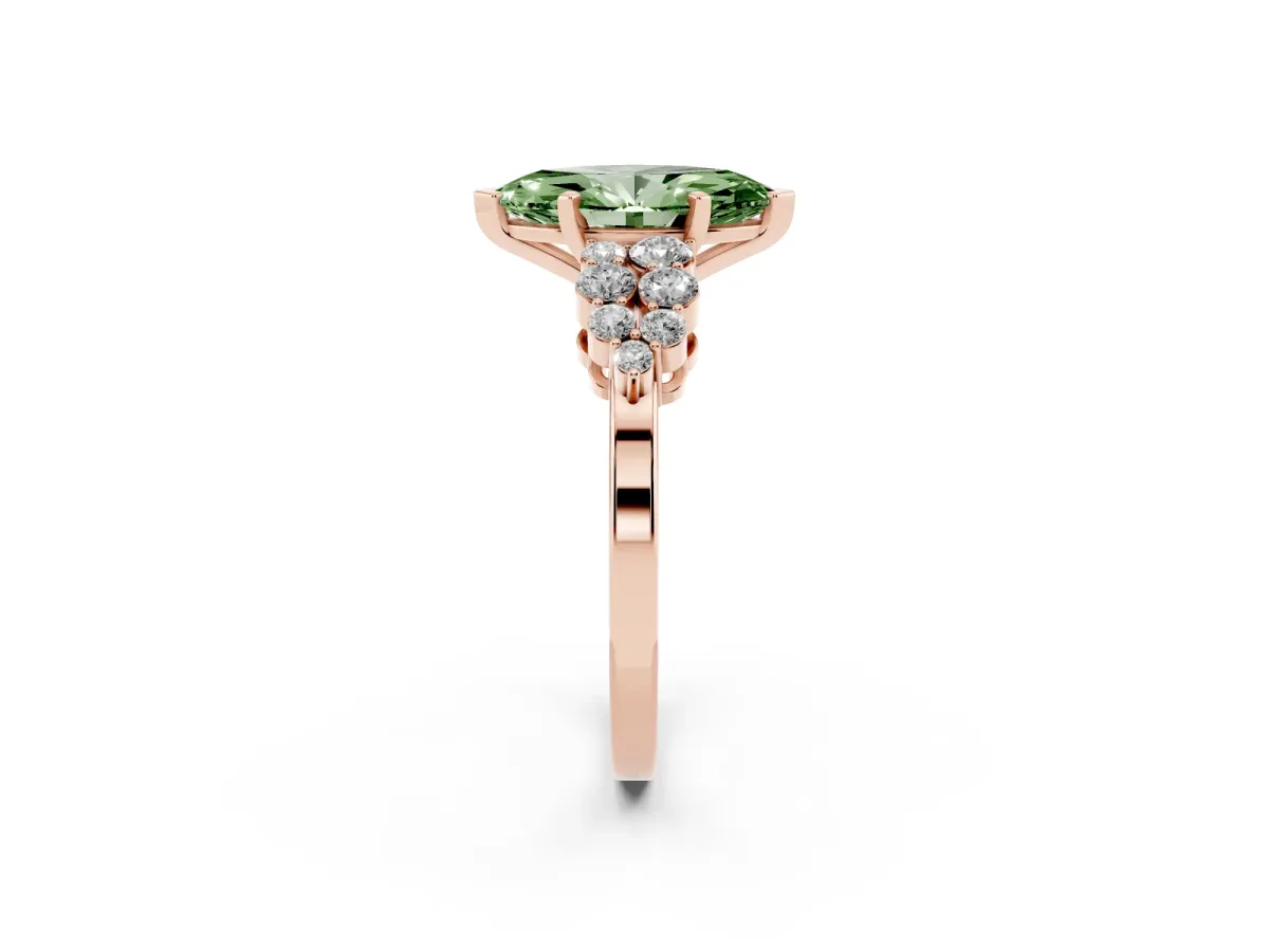 Fancy Green Marquise Cut Cluster Diamond Engagement Ring with Pavé Band and Four-Prong Setting Rose gold