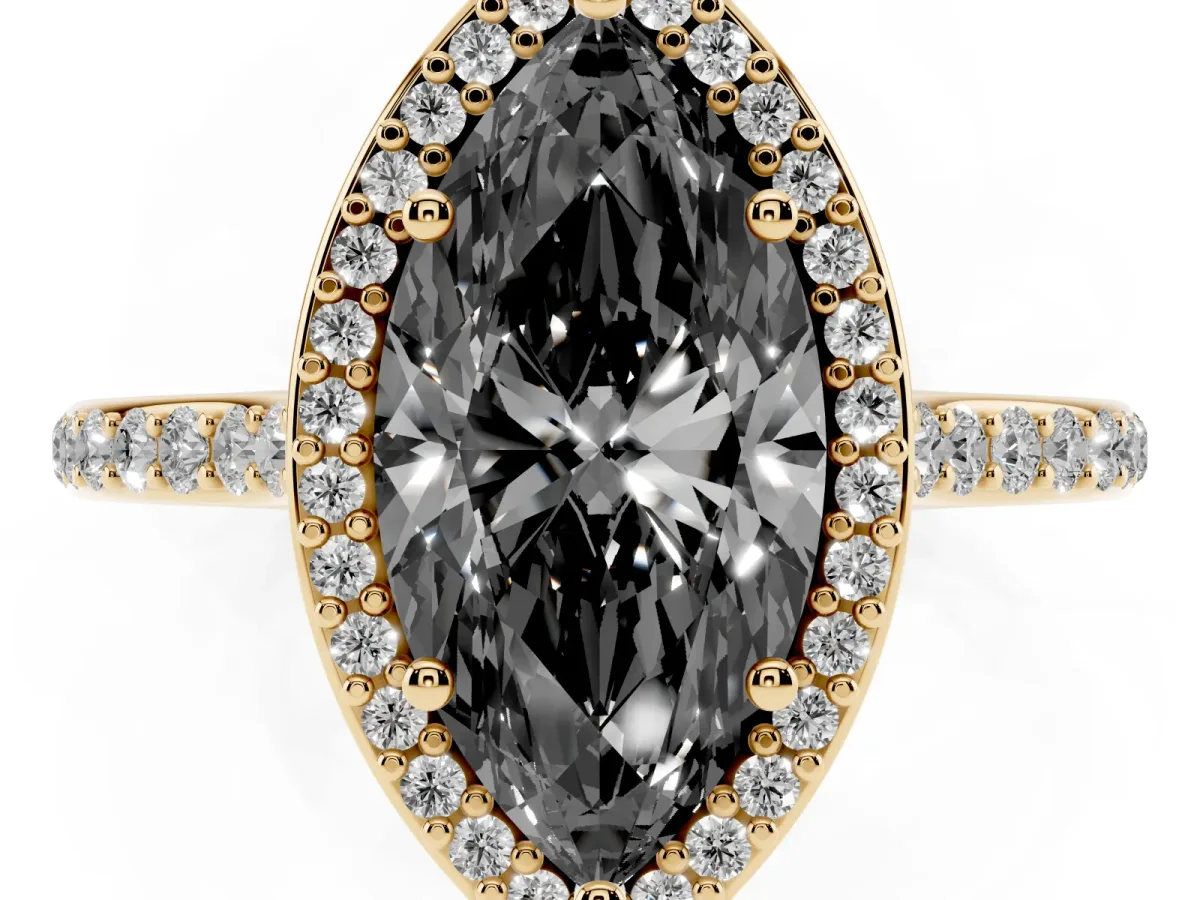 Fancy Black Marquise Cut Diamond Halo Engagement Ring with Round Pavé Shoulders and Prong Setting Yellow gold