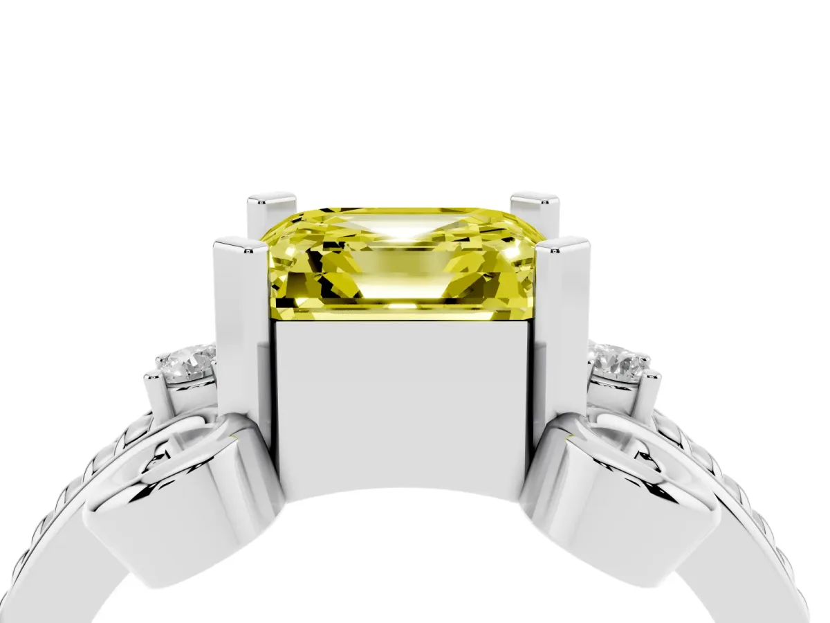 Fancy Yellow Asscher Cut Solitaire Twisted Band Scroll Prong Ring Platinum