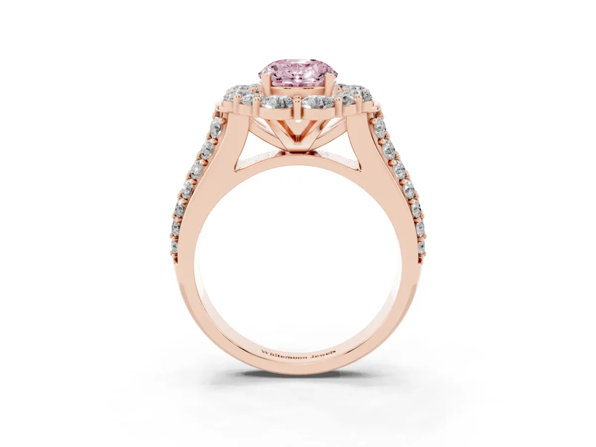 Fancy Pink Oval Cut Halo Diamond Engagement Ring with Split Shank and Prong Setting Rose gold