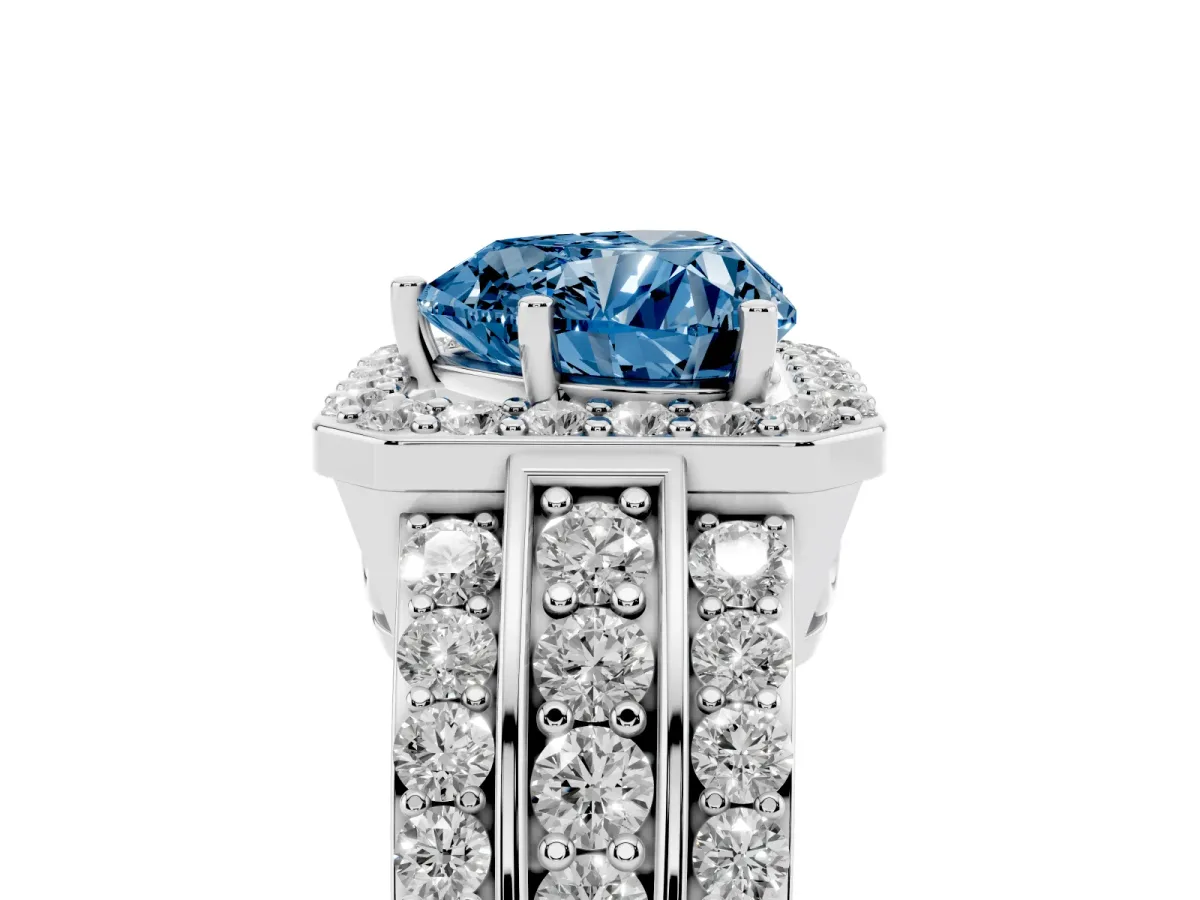 Fancy Blue Heart Cut Halo Diamond Ring with Round Split Shank and Prong Setting Silver