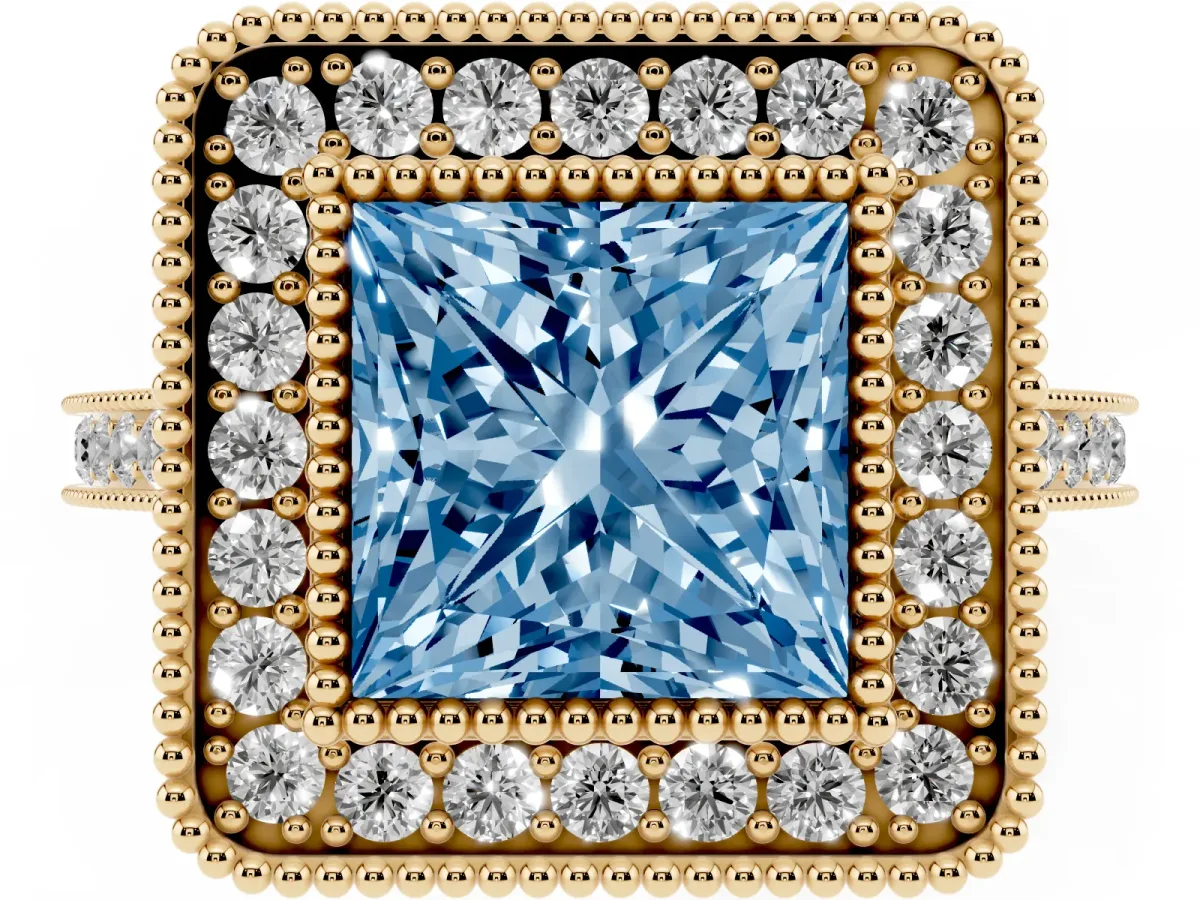 Fancy Blue Princess Cut Diamond Halo Ring with Milgrain Frame and Pavé Band Yellow gold