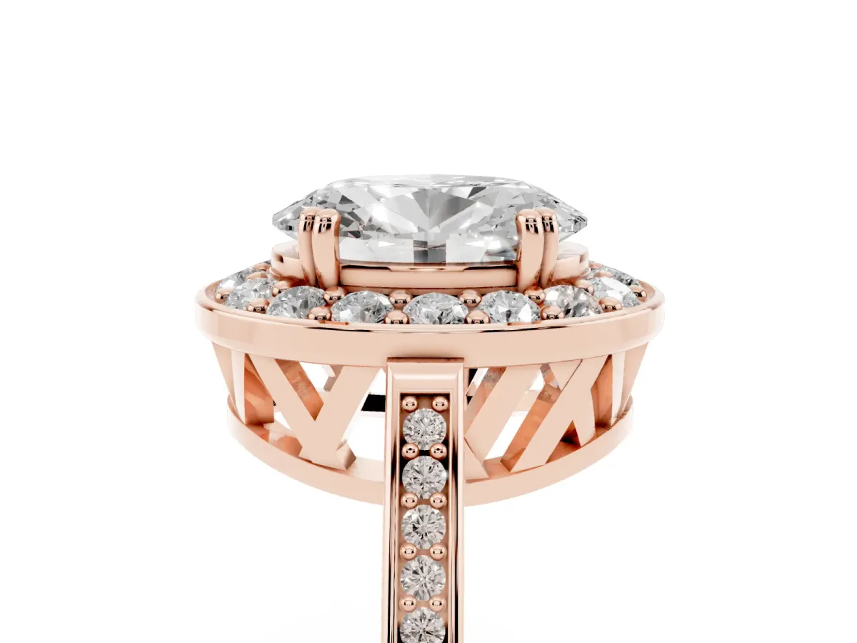 Oval Cut Diamond Halo Ring with Split Shank and Four-Prong Setting Rose gold