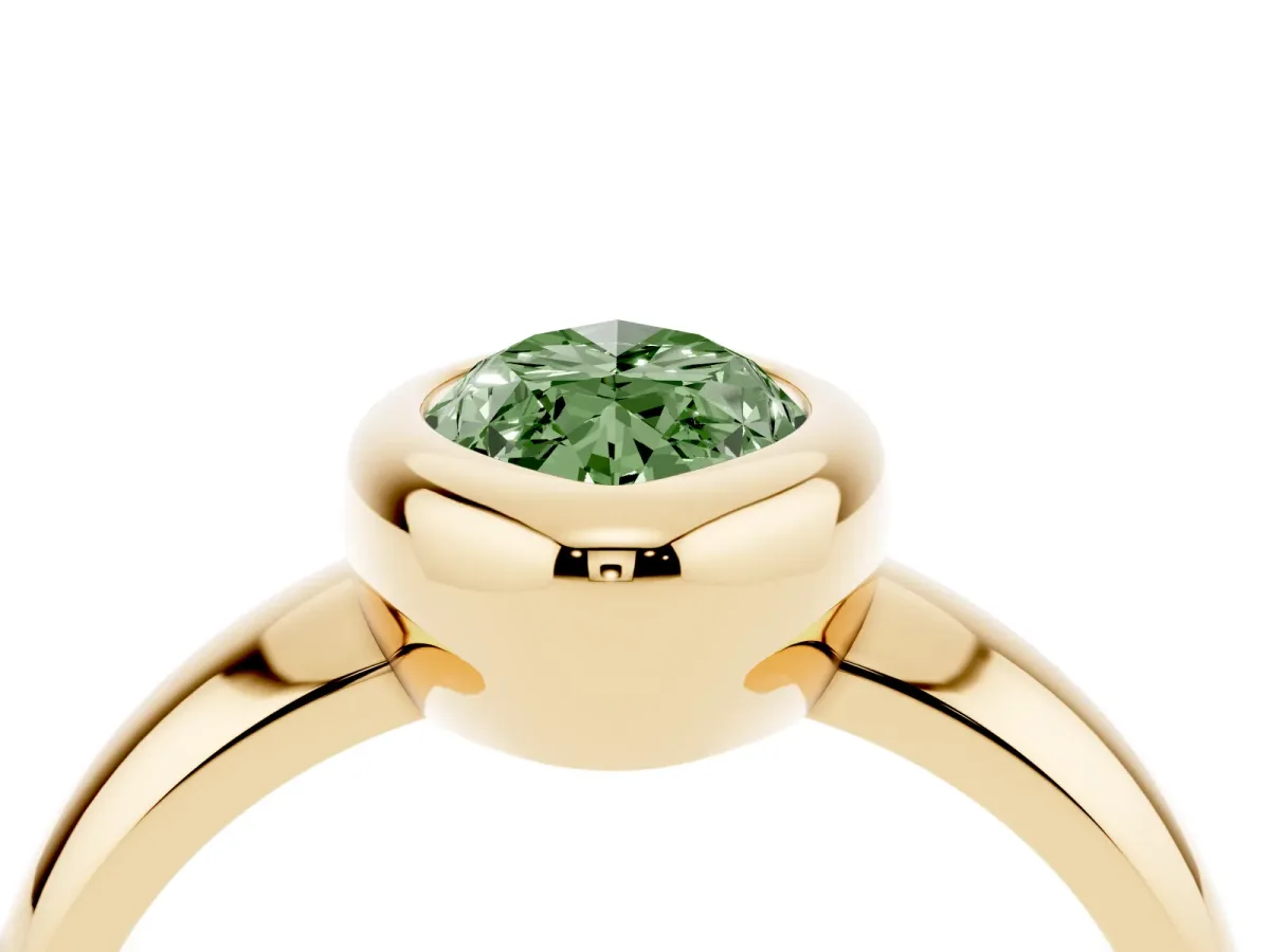 Fancy Green Bezel Set Marquise Cut Solitaire Ring with Wide Band Yellow gold