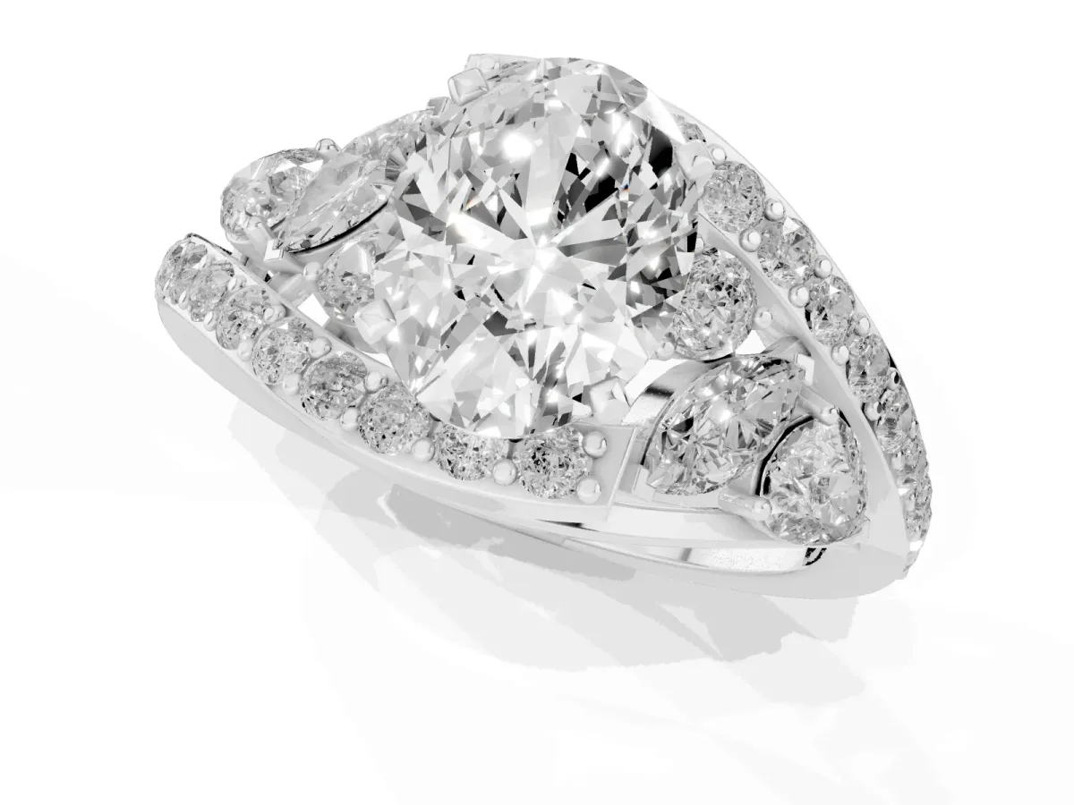 Oval Cut Diamond Halo Ring with Marquise and Pavé Band in Prong Setting Platinum