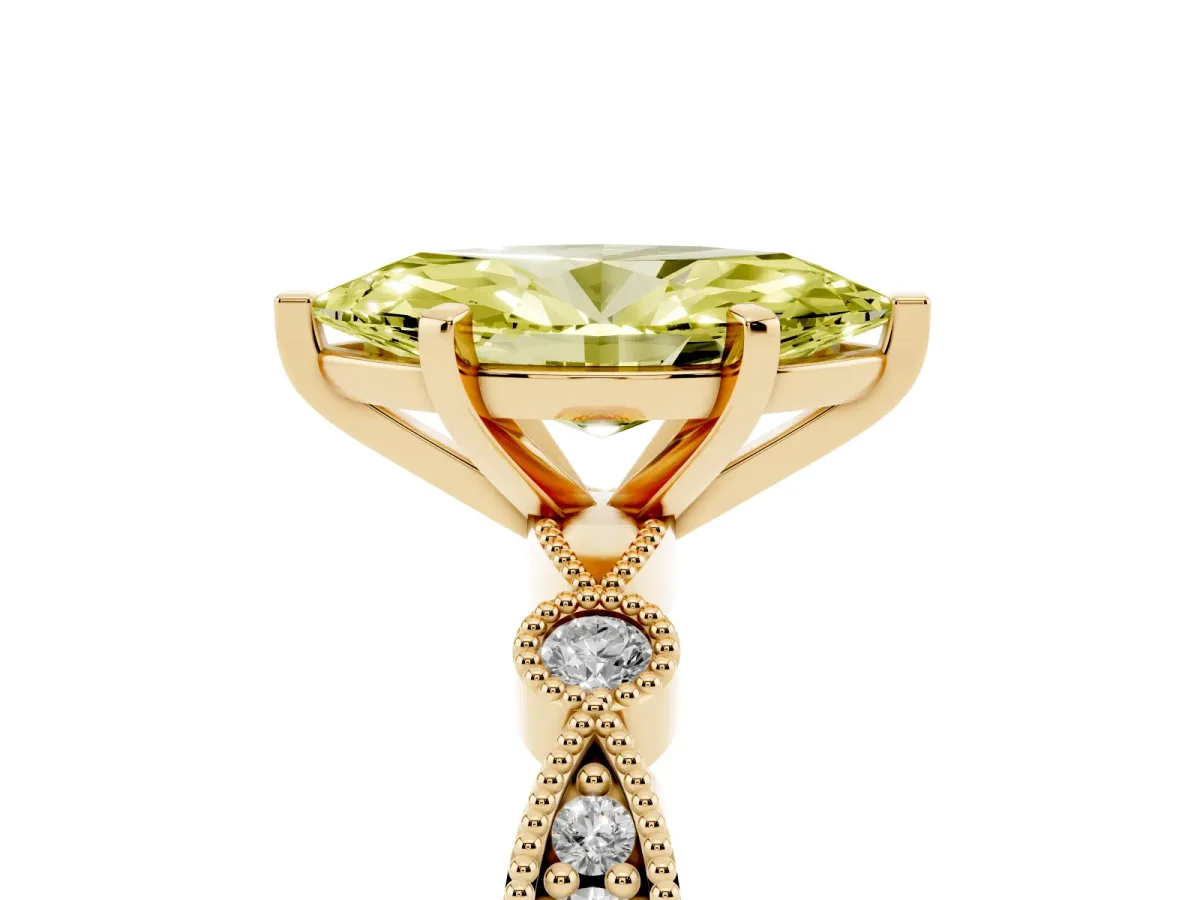 Fancy Yellow Marquise Cut Milgrain Bezel Diamond Engagement Ring with Solitaire Prong Setting Yellow gold