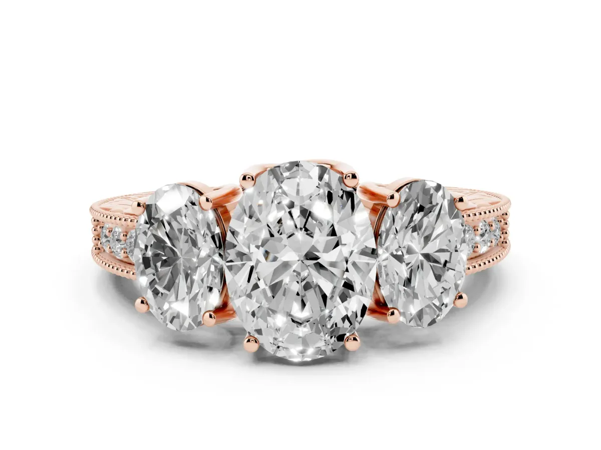 Three-Stone Oval Cut Cut Milgrain Pavé Engagement Ring Rose gold