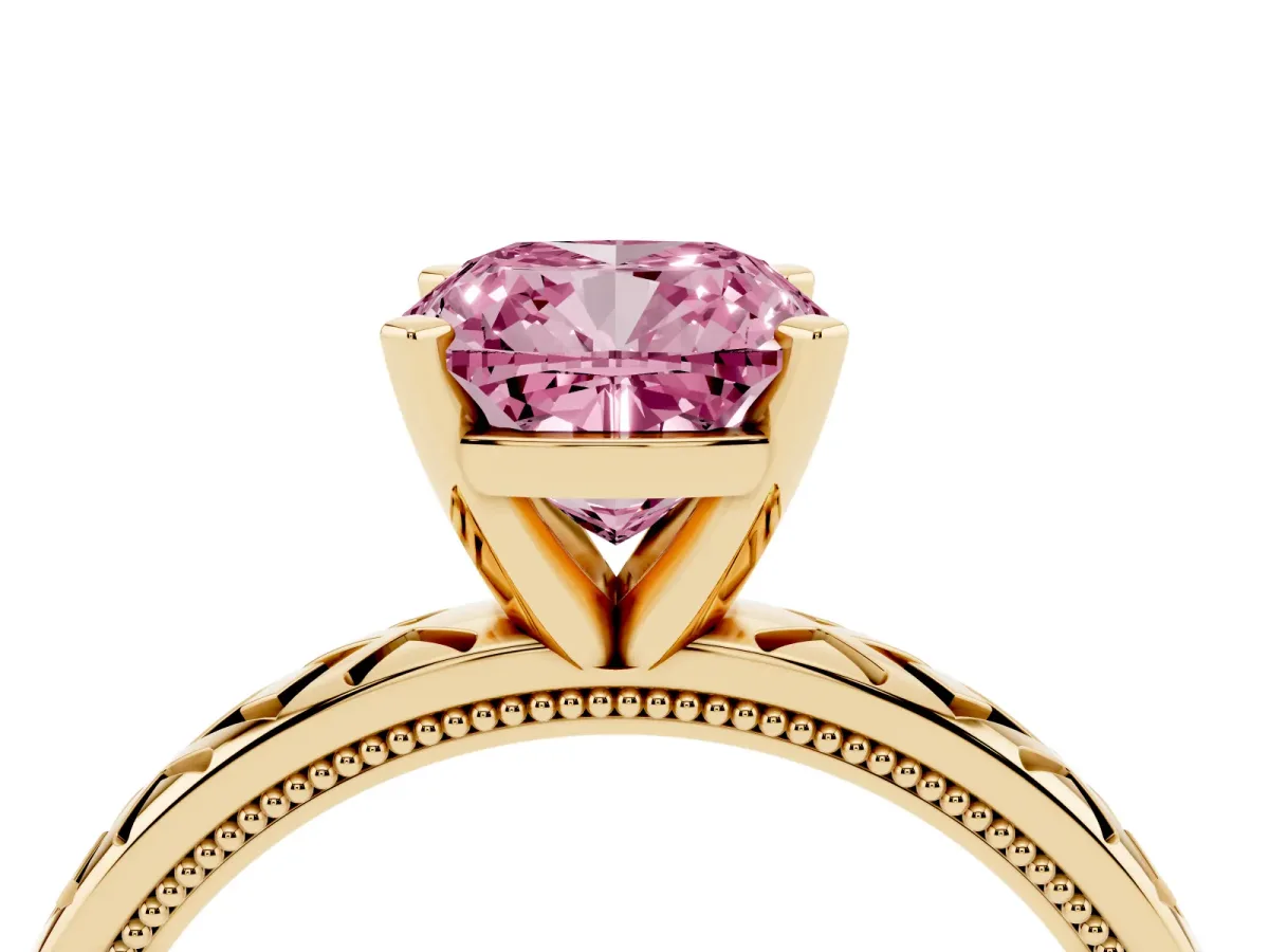 Fancy Pink Cushion Cut Solitaire Diamond Ring with Milgrain and Black Enamel X Pattern Band Yellow gold