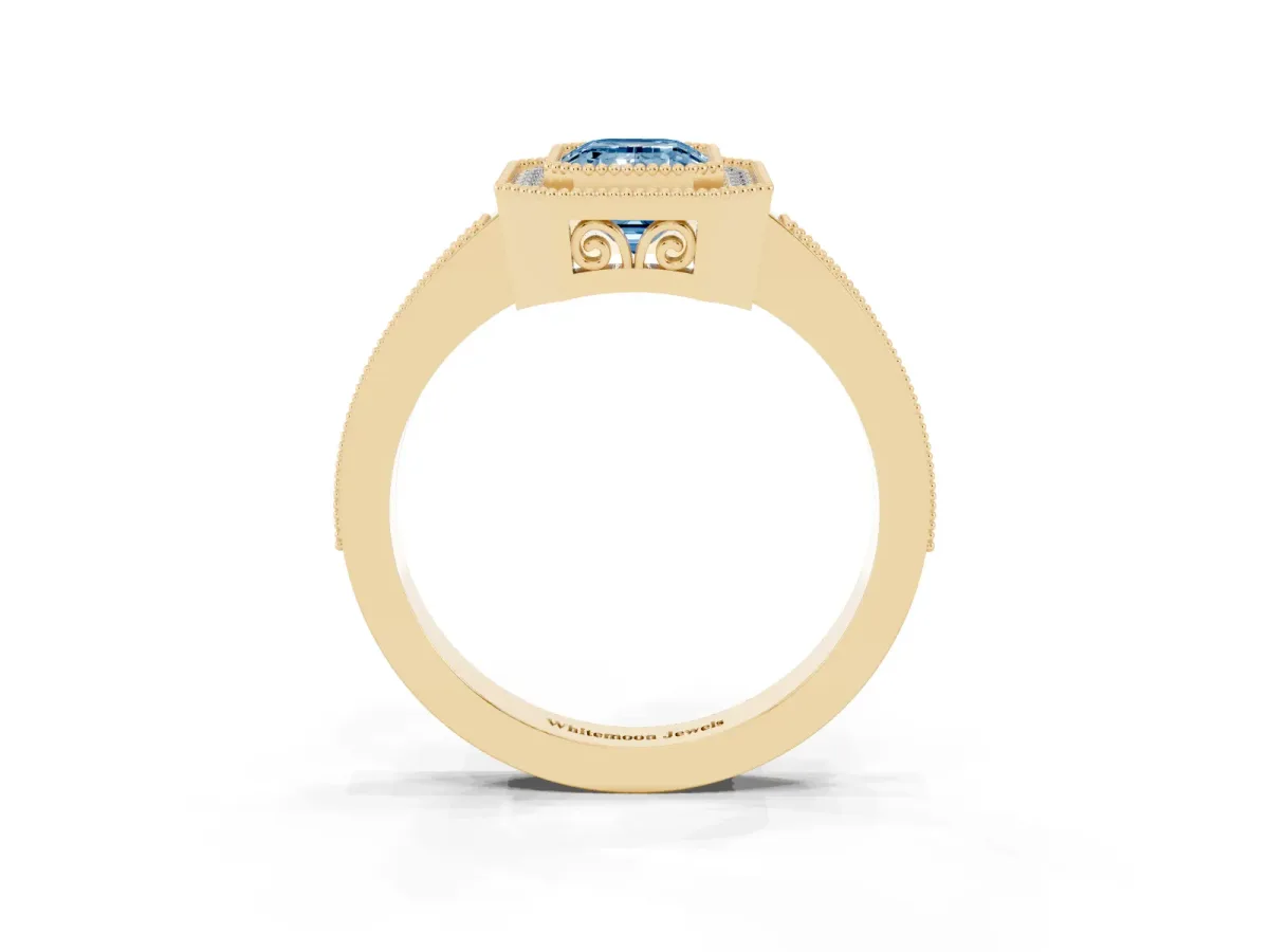 Fancy Blue Emerald Cut Cut Halo Diamond Ring with Pavé Band and Milgrain Prong Setting Yellow gold