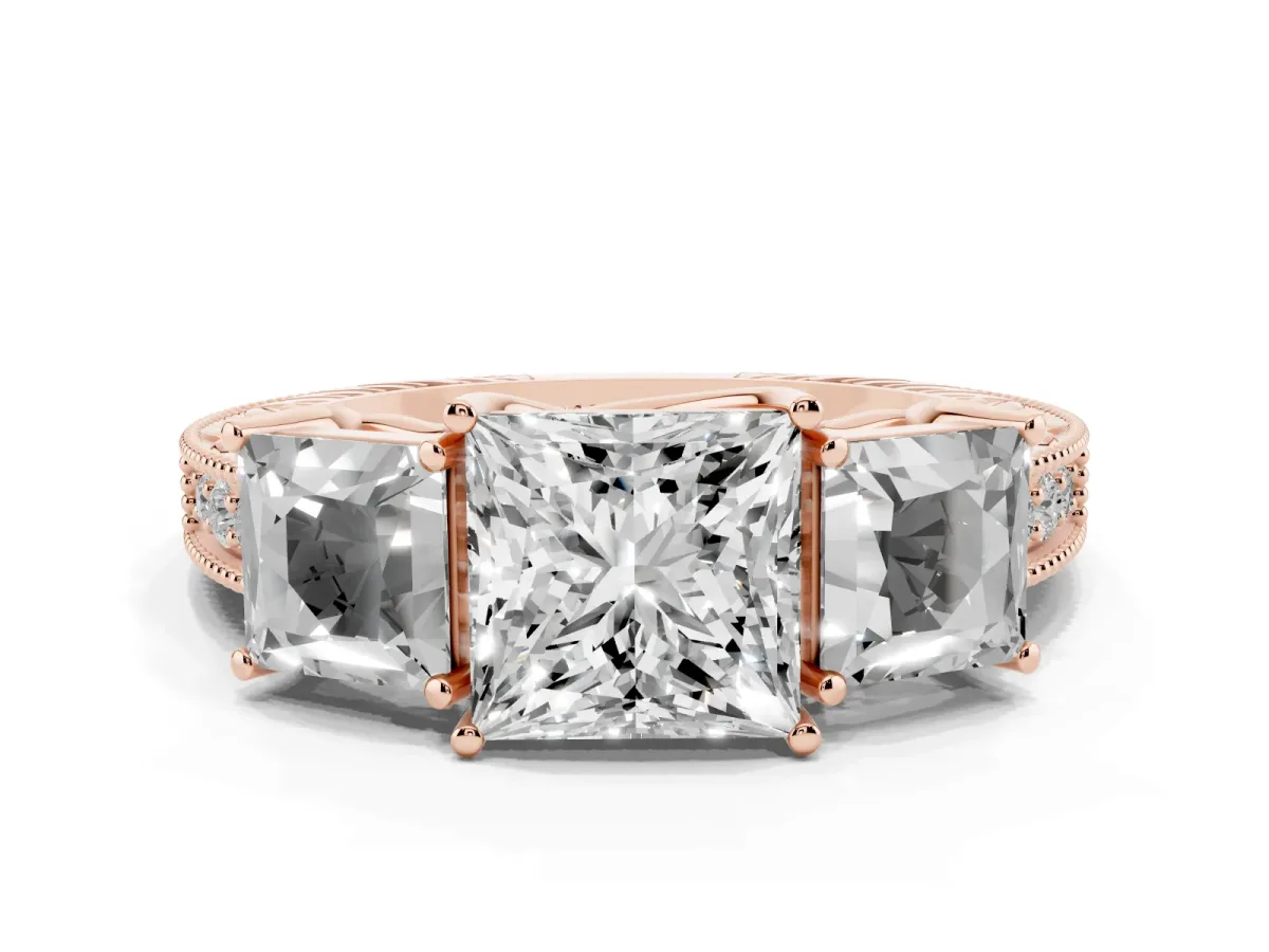 Three-Stone Princess Cut Cut Milgrain Pavé Engagement Ring Rose gold