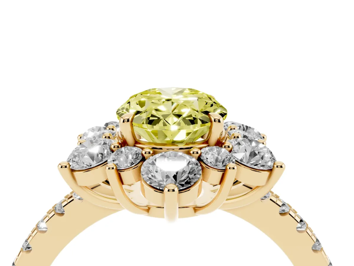 Fancy Yellow Oval Cut Diamond Floral Halo Ring with Round Pavé Band and Prong Setting Yellow gold