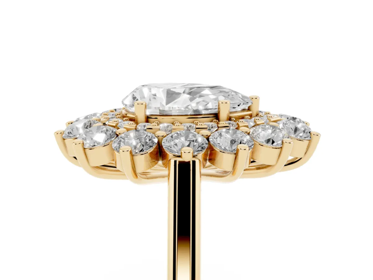 Pear Cut Diamond Floral Double Halo Engagement Ring with Prong Setting Yellow gold