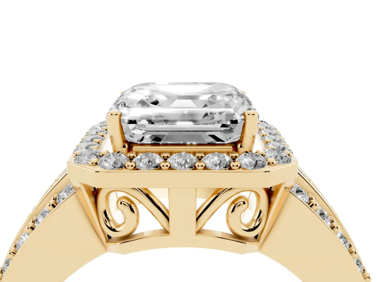 Asscher Cut Halo Diamond Ring with Round Split Shank and Prong Setting Yellow gold