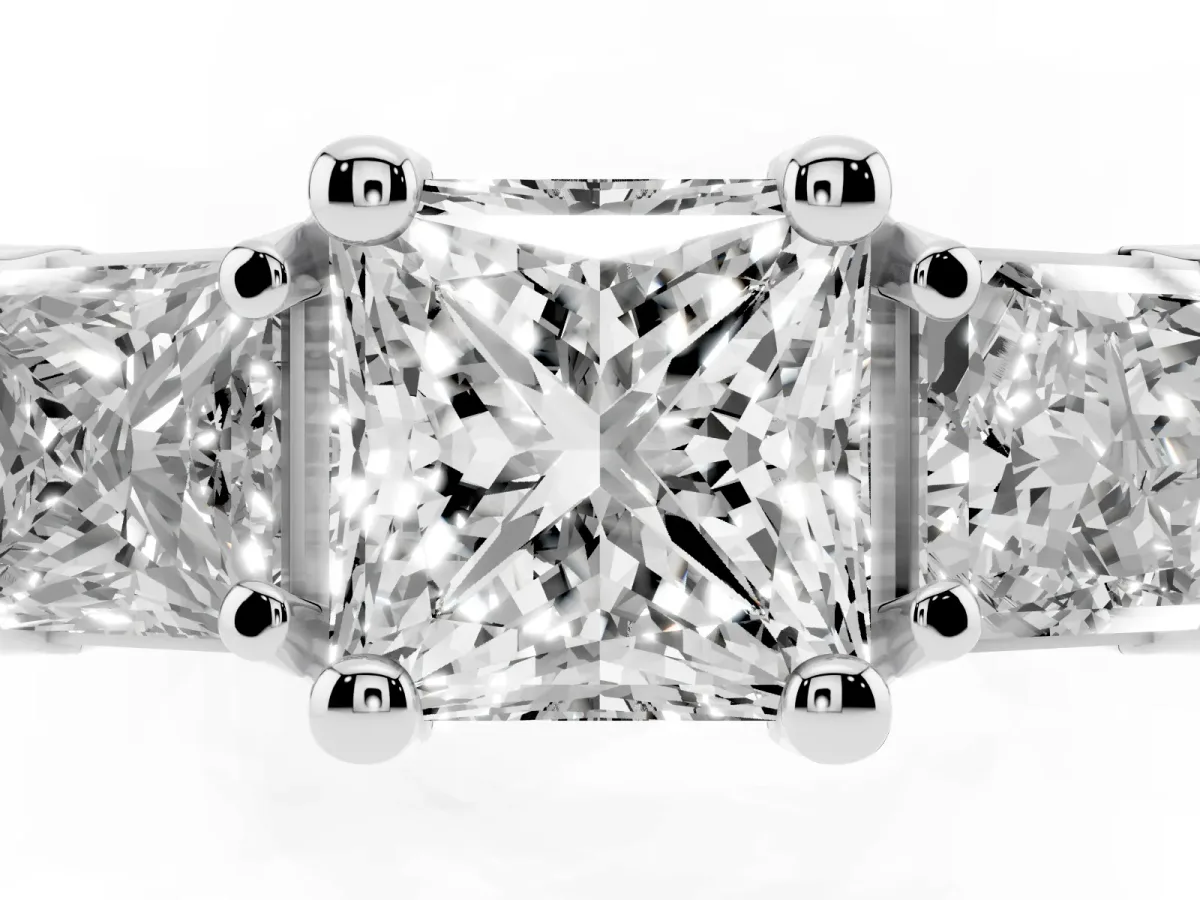 Princess Cut Diamond Three-Stone Ring with Channel Set Band and Four-Prong Setting Silver