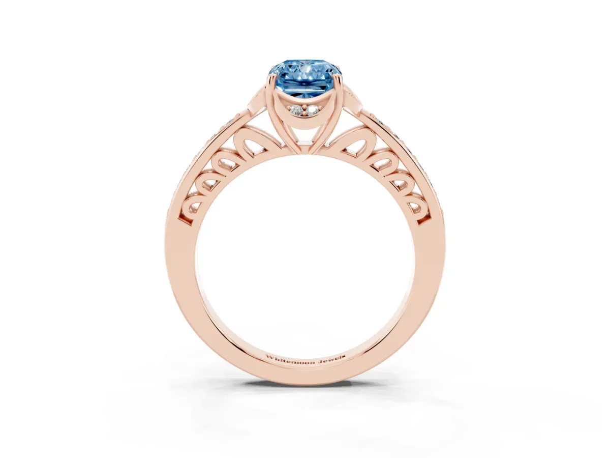 Fancy Blue Radiant Cut Cut Halo Diamond Ring with Channel Set Band and Four-Prong Setting Rose gold