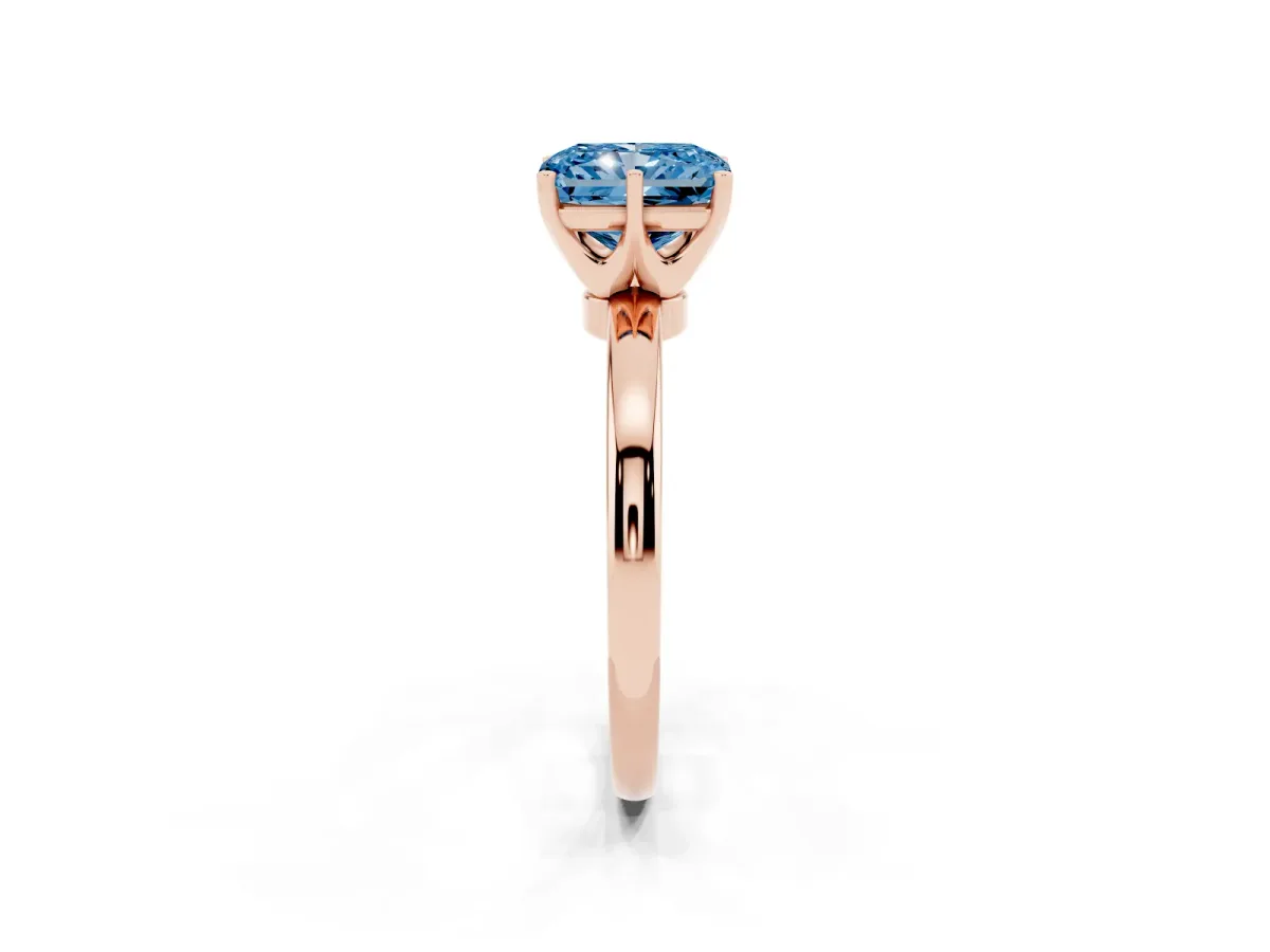 Fancy Blue Radiant Cut Solitaire Diamond Ring with Six-Prong Setting on a Classic Band Rose gold
