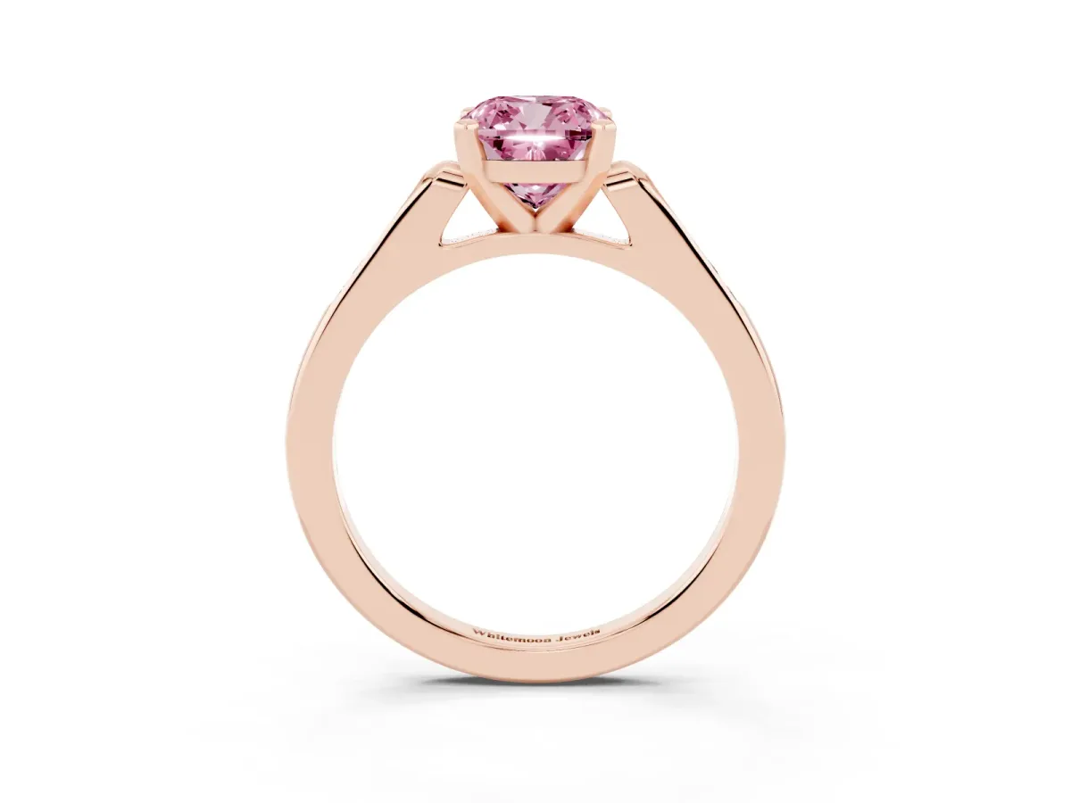 Fancy Pink Cushion Cut Diamond Solitaire Ring with Channel Set Round Band and Prong Setting Rose gold