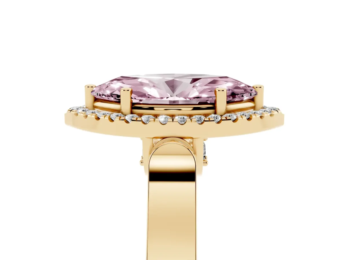 Fancy Pink Marquise Cut Halo Round Diamond Twist Band with Four-Prong Setting Yellow gold