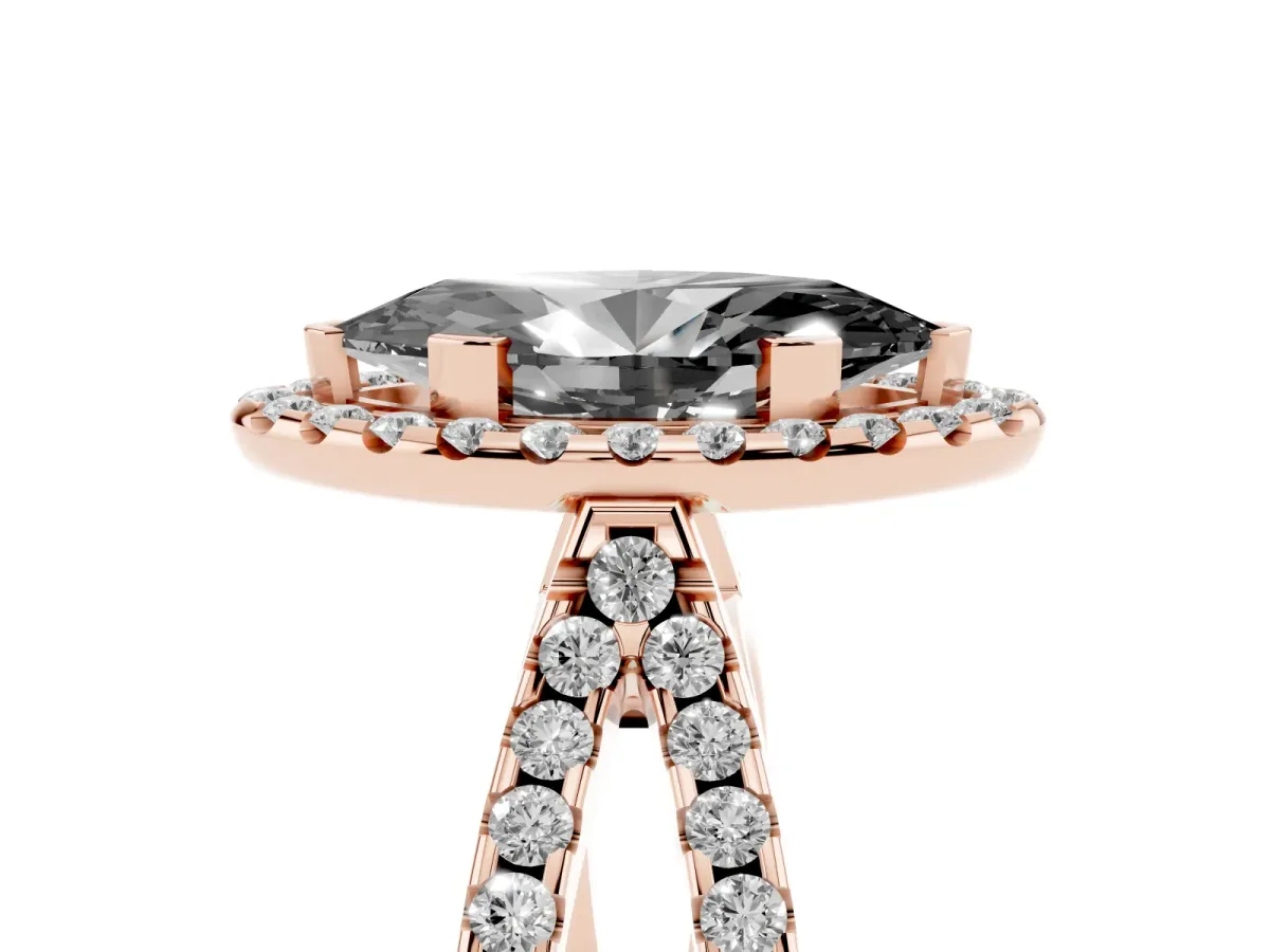 Fancy Black Marquise Cut Diamond Halo Ring with Split Shank Pavé Band and Prong Setting Rose gold